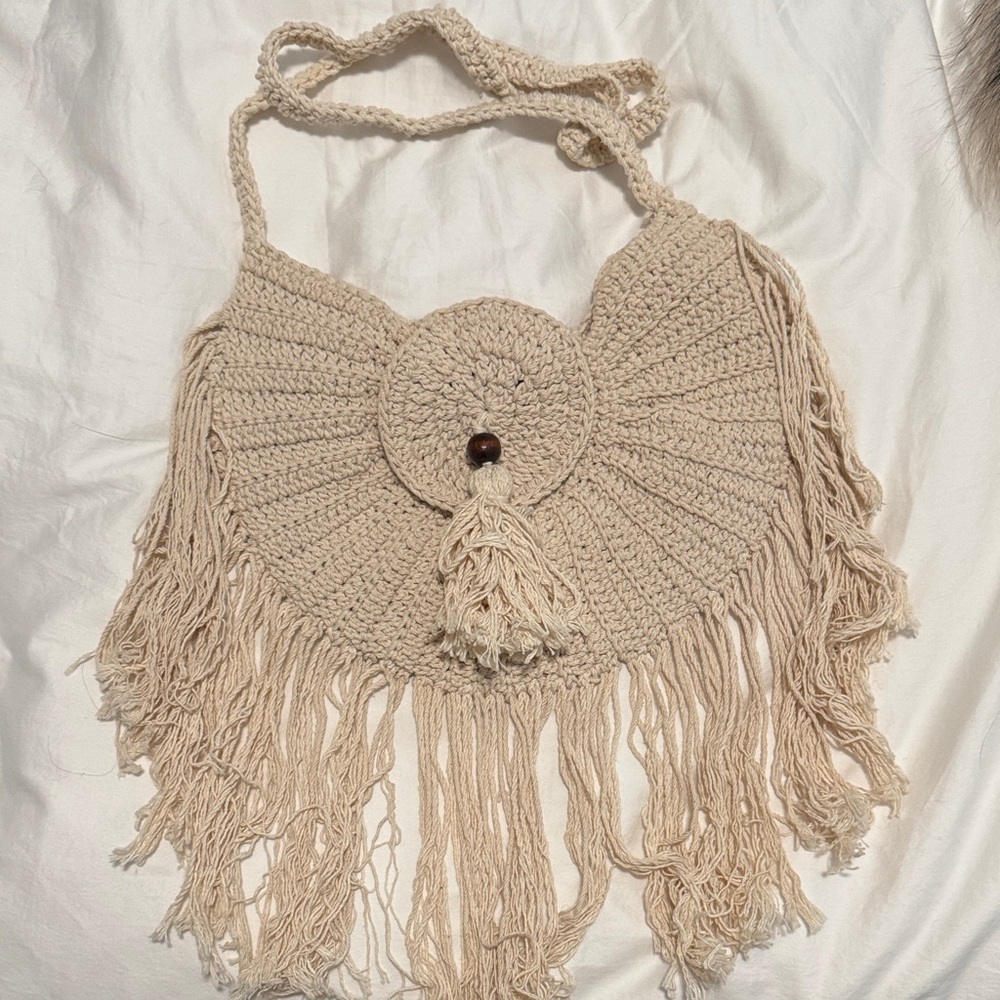 Beige Crochet Fringe Bag handmade in Tulum